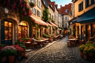 Fototapeta na wymiar Transport yourself to a charming European village square, where cobblestone streets lead to cozy cafes and vibrant market stalls
