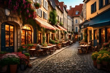 Papier Peint photo Ruelle étroite Transport yourself to a charming European village square, where cobblestone streets lead to cozy cafes and vibrant market stalls