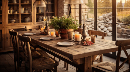 Fototapeta na wymiar Dining room with rustic décor, a combination of modern and rustic style