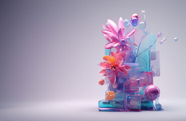 Abstract stylish sculpture of a vase with flower made of reflective plastic materials, colors that change with viewing or illumination geometry, futuristic iridescent concept.