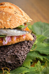 Vertical photo of a detail of the traditional harvest sandwich