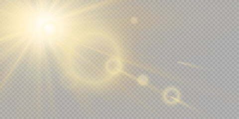 Shining sun glare rays, lens flare illustration. Sunlight glowing vector effect