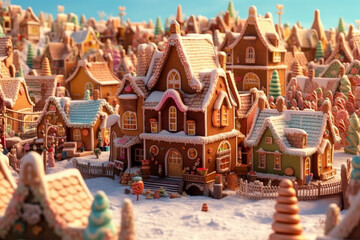 Fototapeta premium Illustration of gingerbread cookie town in snow, Christmas time