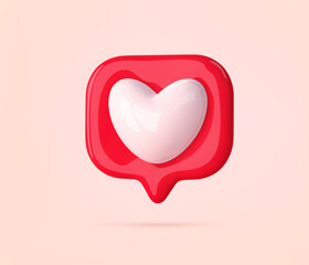 3d like heart icon. White heart in red speech bubble notification. Social media like message