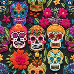 Rolgordijnen Schedel De Los Muertos Embroidery Digital Paper, Scull Seamless Pattern, Skeleton Needlework, Digital Embroidery, Tileable Mexican Embroidery