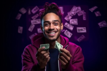 Medium shot portrait photography of a happy boy in his 20s making a money gesture rubbing the fingers against a deep purple background. With generative AI technology