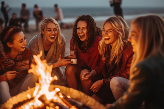 Happy Group Of People Sitting Aroud Campfire On Sea Beach