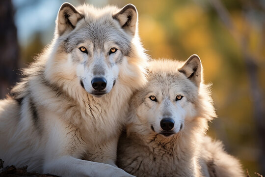 Alpha wolf and its mate sharing a watchful moment together, portraying their cooperative vigilance and the love that safeguards the pack's security, love