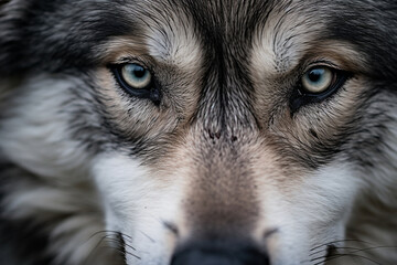 Close-up of a wolf's muzzle, capturing the intricate features that make each individual unique and the love that connects them within their pack's embrace, love