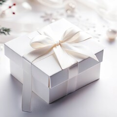 White gift box with ribbon on christmas themed white background