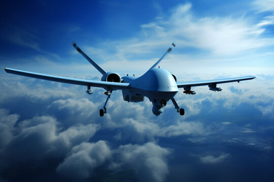 Flying military air dorne on sly with clouds on background