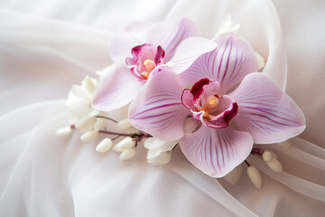 Close-up of an orchid corsage on a bride's gown, symbolizing the love and beauty of tradition and the fleeting beauty of special occasions, love and beauty