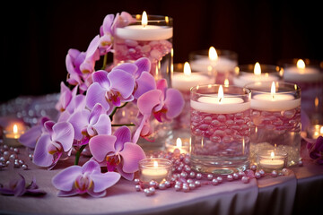 Obraz na płótnie Canvas Orchid centerpiece surrounded by candles, radiating the love and beauty of a warm and romantic atmosphere, and the harmony of elements, love and beauty
