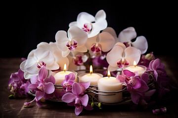 Orchid centerpiece surrounded by candles, radiating the love and beauty of a warm and romantic atmosphere, and the harmony of elements, love and beauty