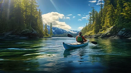 Photo sur Aluminium Canada Man kayaking on a beautiful clear lake in the mountains