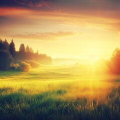 Tranquil sunset over rural meadow and forest