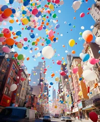 Deurstickers In a city street full of tall buildings in the city center, colorful pastel helium balloons fly into the sky, happiness and joy in a dull gray concrete environment. © Uncanny Valley