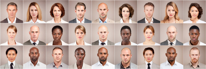 Photo collage portrait of multiracial serious people with different ages looking at camera. Mosaic of professional modern faces. 