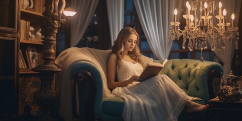 Young woman in casual clothes reading novel book lying on gray sofa staying at hotel at home flat relax spending leisure time in living room