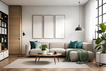 Warm and Cozy living room interior with mock-up poster frame, white sofa, green stand plants and stylish lamp