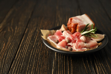 Meat food and tasty food concept - delicious bacon