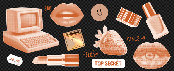Elements for collage in halftone processing. A girly vibe from the 1960s. Retro elements on transparent background. Stickers cut from a magazine.