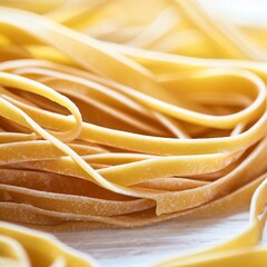 Close up of a raw dry italian pasta fettuccine on white wooden table