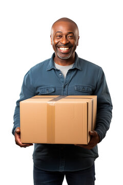 Middle Aged Or Mature Man Holding A Cardboard Box Concept Of Moving To A New Place Or Packing Up. Isolated On White Background.