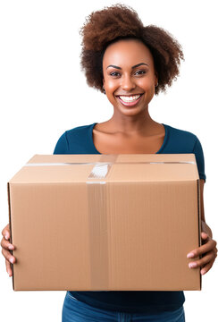 Happy woman holding a cardboard box. Concept of packing or moving. Transparent background.