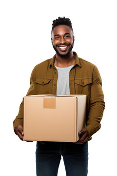 Man holding a cardboard box, could be moving or could be delivering a package. Transparent background.
