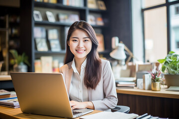 Fototapeta premium Young woman designer smiling. Portrait photo of woman interior designer working with material palette at her office. Doing some design work. Generative AI.