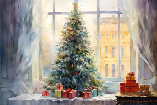 Elegant Yuletide Charm: Watercolor Christmas Tree Delight