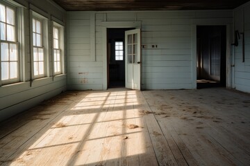 Fototapeta premium Empty room and wall and wooden floor with interesting with glare from the window. Interior background for the presentation. Generative AI