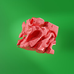 A red cut cube on a green background. 3d render. abstract.