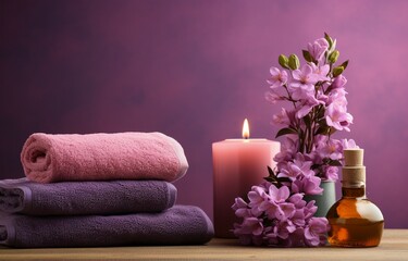 On a purple background, a pink candle, towel with flowers, and a bottle set the scene for a spa experience. Generative AI