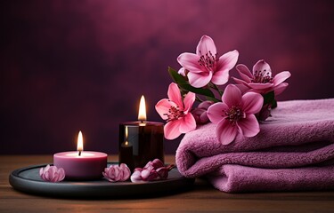 On a purple background, a pink candle, towel with flowers, and a bottle set the scene for a spa experience. Generative AI - Powered by Adobe