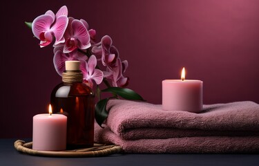 Obraz na płótnie Canvas On a purple background, a pink candle, towel with flowers, and a bottle set the scene for a spa experience. Generative AI