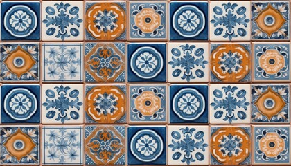 Blue white orange abstract mosaic tiles background - Painting moroccan portuguese tile wall texture, seamless pattern