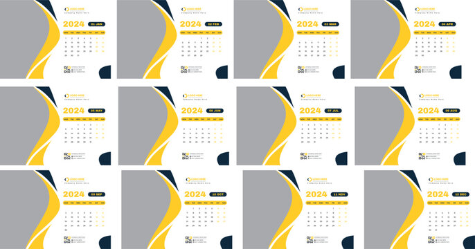 Calendar Template for 2024 year. Week starts on Sunday. Simple minimal classic style. Work or business calendar. 2024 calendar in minimalist style. English vector calendar for 2024 year.