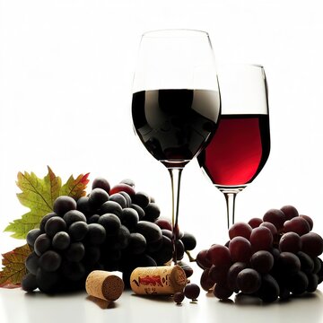 Wine and grapes on white background