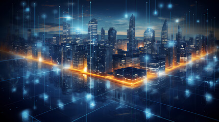 Transfer of resources between urban buildings, night city, dawn of lights, lights of thousands, urban lines 