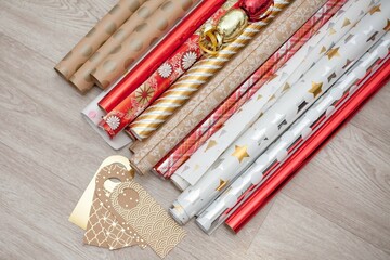Preparation for the holiday, gift wrapping, set of colorful New Year's paper ribbons and tags