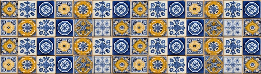 Blue white yellow abstract mosaic tiles background banner panorama long - Painting moroccan portuguese tile wall texture, seamless pattern - obrazy, fototapety, plakaty
