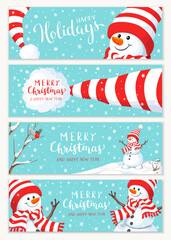 Winter holidays or Christmas background with snowman and snowflakes. Winter horizontal banner design collection. - 641685148