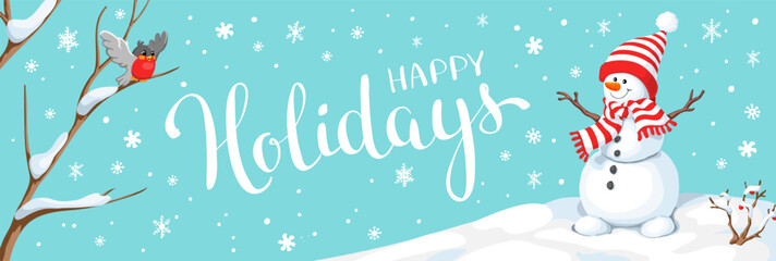 Winter holidays or Christmas background with snowman and snowflakes. Winter horizontal banner design. - 641685186