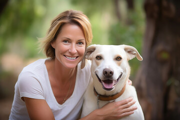 Joyful Middle-Aged Woman Enjoying Outdoor Time with Her Dog