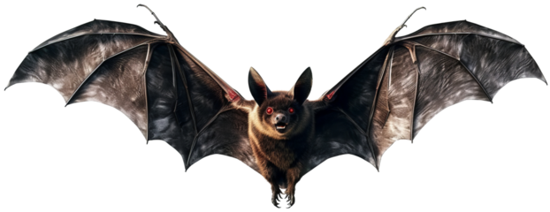 A creepy bat with red eyes in flight. A flutter of wings. Isolated transparent background. Generative Ai	