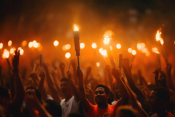 Fototapeta na wymiar Vibrant Torchlight Cheers: Up-Close Crowd Shot