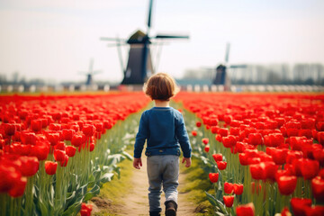 Child Exploring a Tulip Field by the Windmill