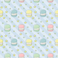 繋がるシームレス素材 / ポップなマカロンとお星様のブルー系ストライプ背景